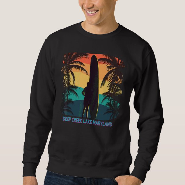 Deep Creek Lake Maryland Md Palm Tree Surfboard Su Sweatshirt (Front)