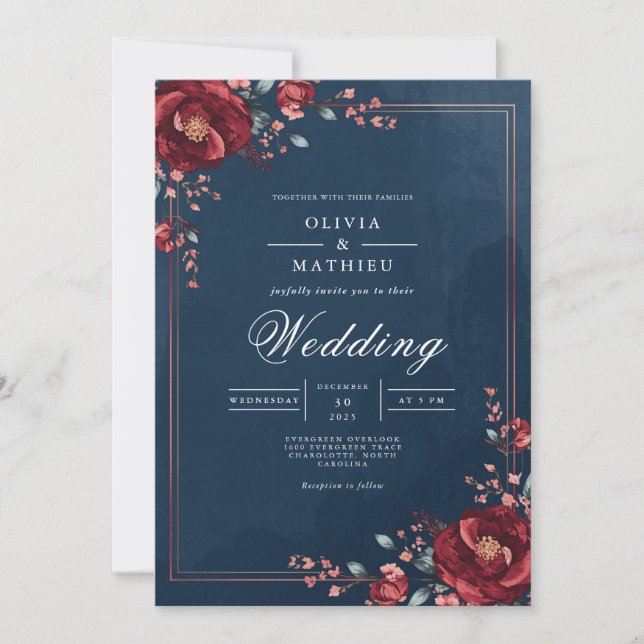 Deep Crimson Floral Navy Wedding Invitation (Front)