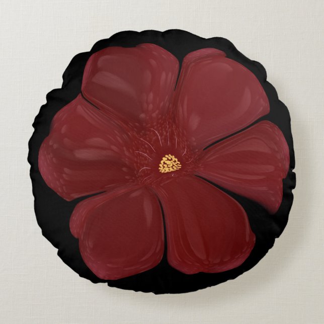 Deep Crimson Moody Bloom Glossy Dark Botanical Flo Round Pillow (Front)
