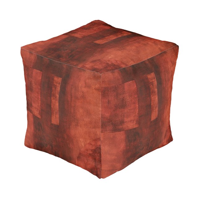 Deep Crimson Painting with Geometric Shapes Pouf (Angled Front)