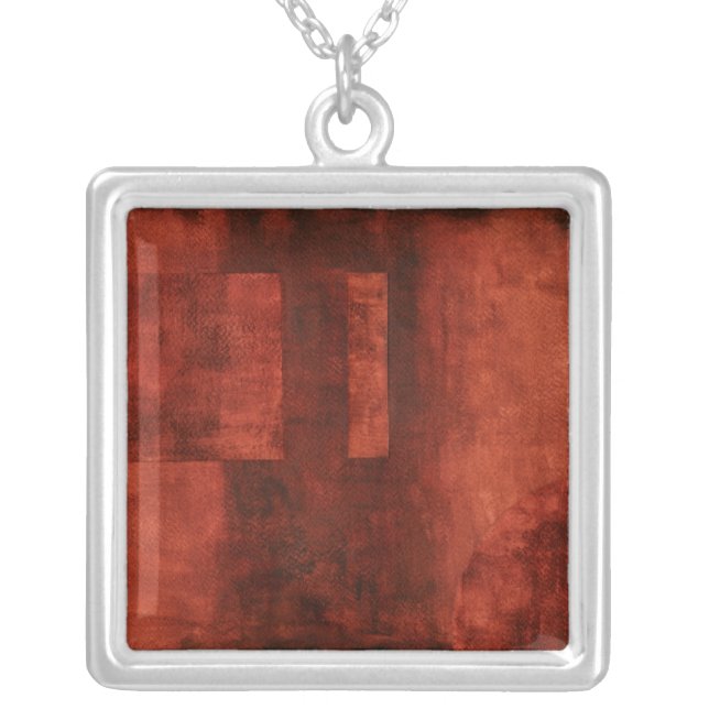 Deep Crimson Painting with Geometric Shapes Silver Plated Necklace (Front)
