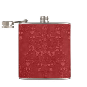 Deep Crimson Red Fancy Floral Damask Pattern Flask