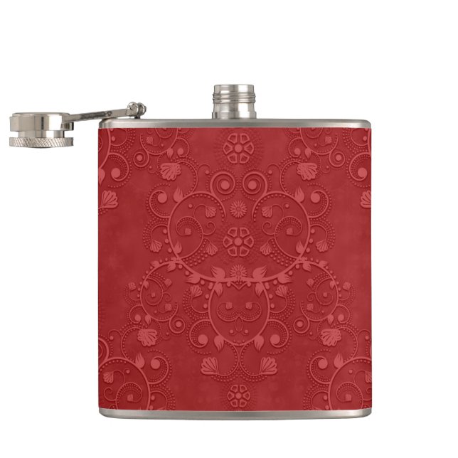 Deep Crimson Red Fancy Floral Damask Pattern Flask (Opened)