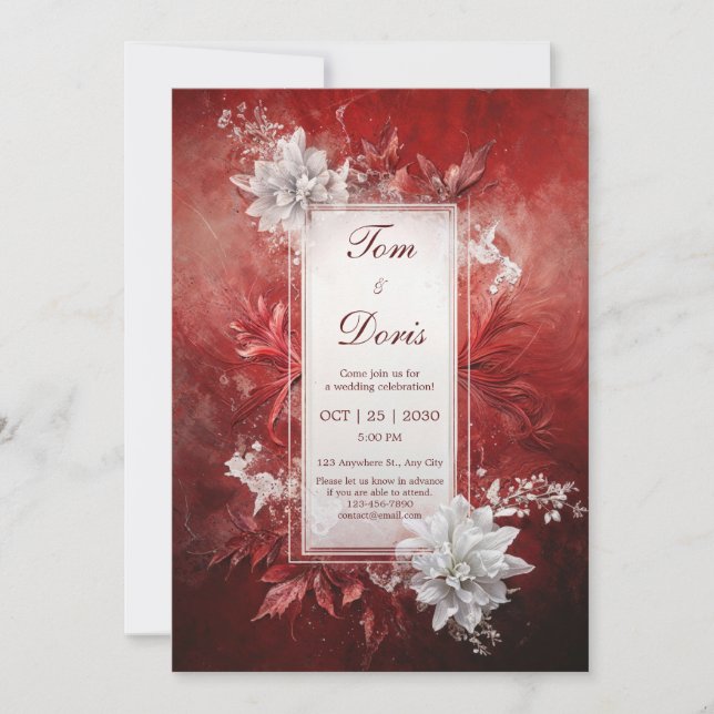 Deep Crimson Red White Floral Winter Wedding Invitation (Front)