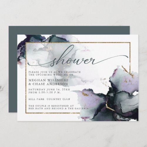 Deep Cyan Muted Smokey Purple Abstract Watercolor Invitation