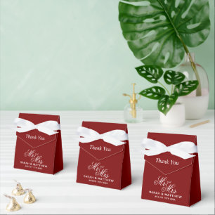 Deep dark red wedding favor boxes with white bow
