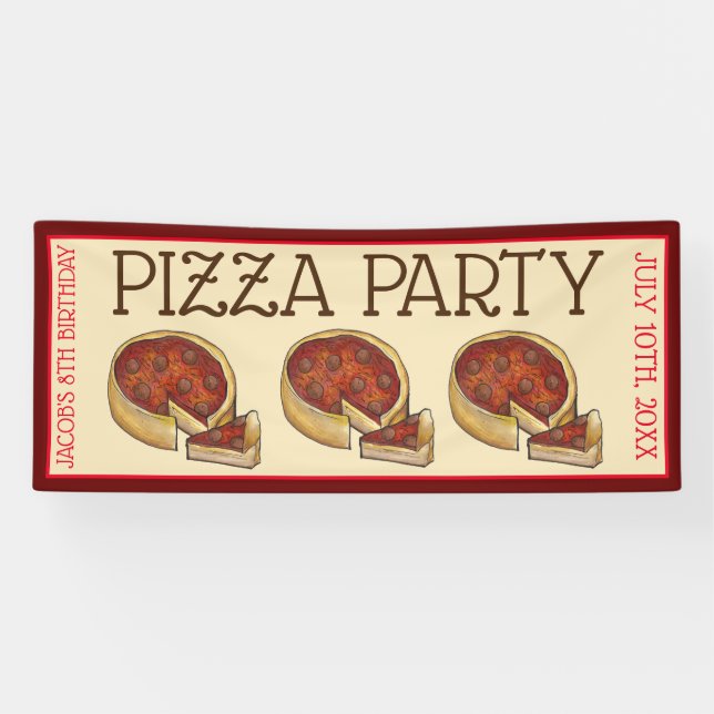 Deep Dish Pepperoni Pizza Pie Birthday Party Banner (Horizontal)