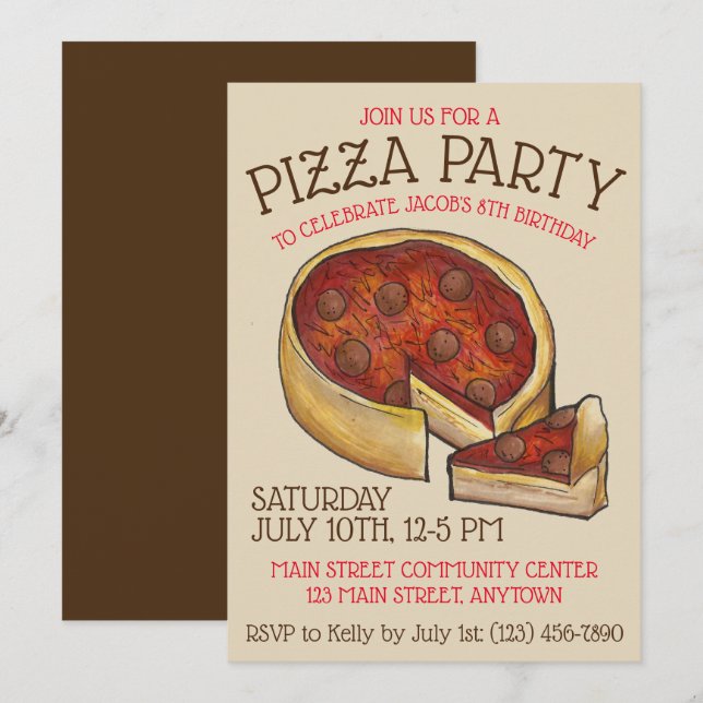 Deep Dish Pepperoni Pizza Pie Birthday Party Invitation (Front/Back)