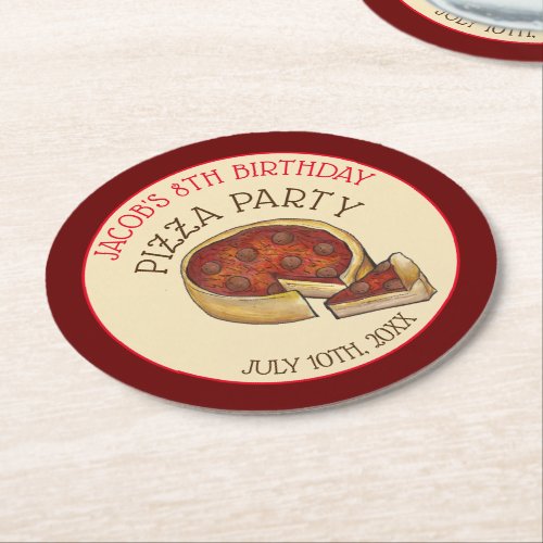 Deep Dish Pepperoni Pizza Pie Birthday Party Round Paper Coaster