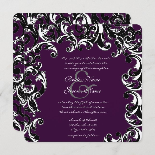 Deep EggPlant & Black Elegant Wedding Invitation (Front/Back)