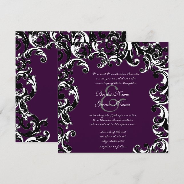 Deep EggPlant & Black Elegant Wedding Invitation (Front/Back)