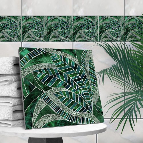 Deep Emerald and Pearl Mosaic Leaf Art Ceramic Tile