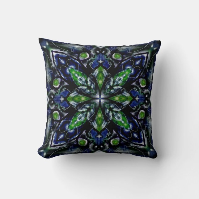 Deep Emerald Green & Blue Mandala Throw Pillow (Front)