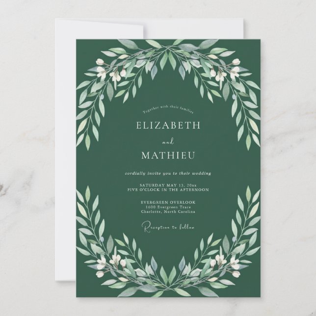 Deep Emerald Leafy Wedding Invitation (Front)