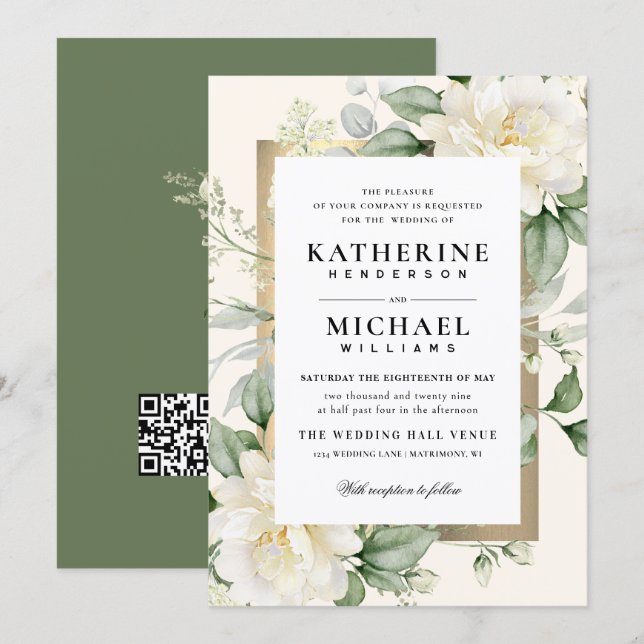 Deep Eucalyptus Rose Ivory&Gold Frame QR Wedding  Invitation (Front/Back)