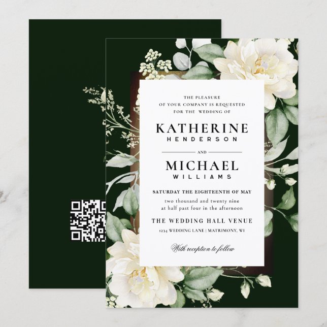 Deep Eucalyptus Rose Ivory&Gold Frame QR Wedding  Invitation (Front/Back)