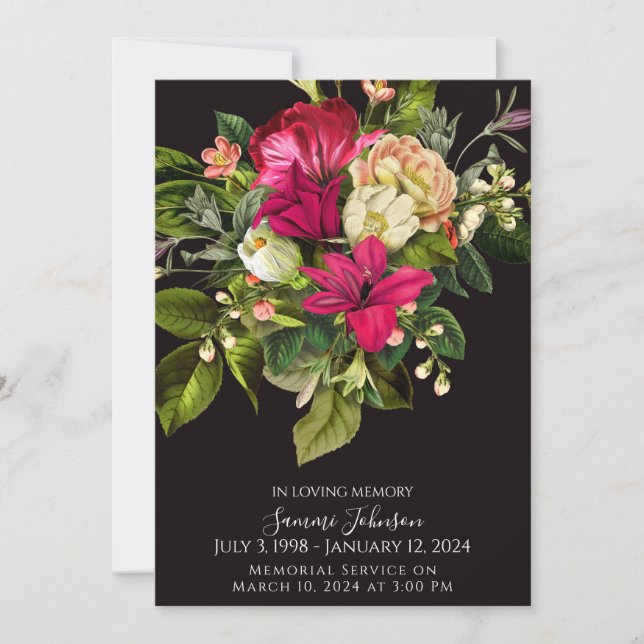 Deep Floral Lily Funeral Memorial Announcment Invitation (Front)