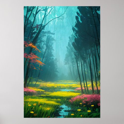Deep Forest and its Swath of Pink Flowers Poster