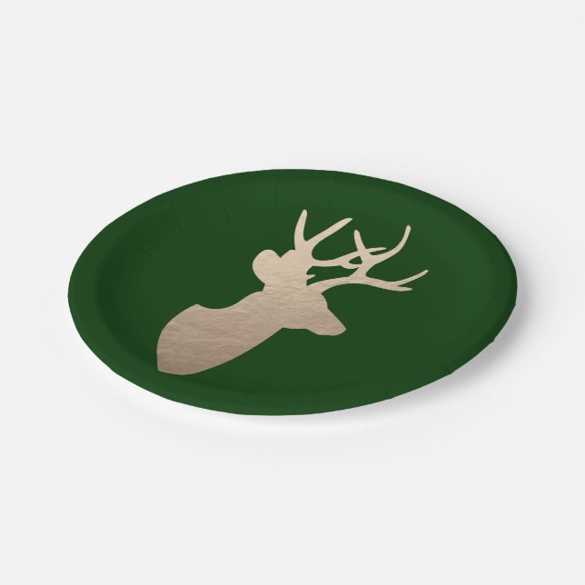 Deep Forest Green and Golden Deer Silhouette Paper Plates (Angled)