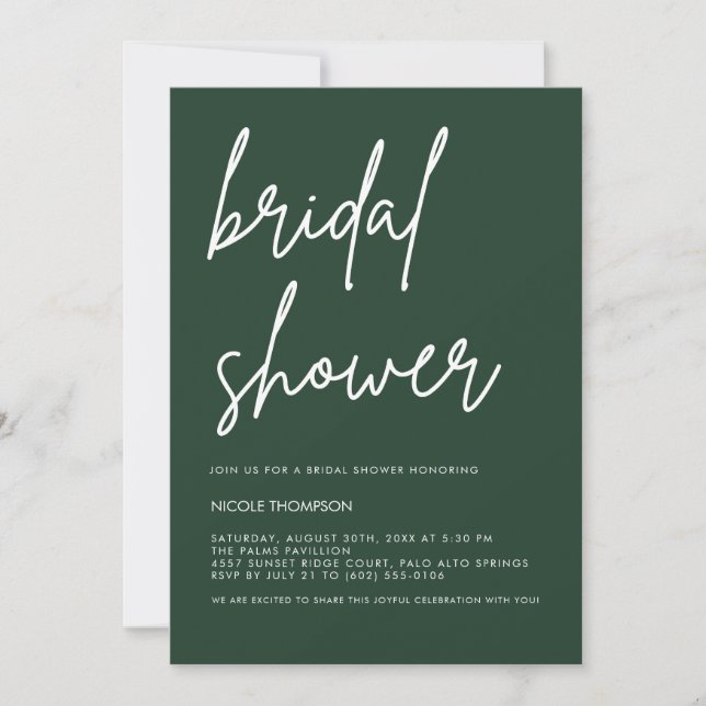 Deep Forest Green Modern Bridal Shower Invitation  (Front)