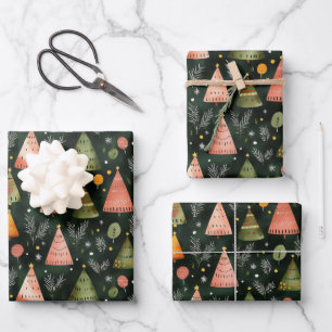 Deep Forest Green Nordic Christmas Tree Pattern Wrapping Paper Sheets