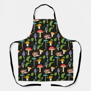 Deep Forest Magic: Colorful Mushrooms on Black Apron