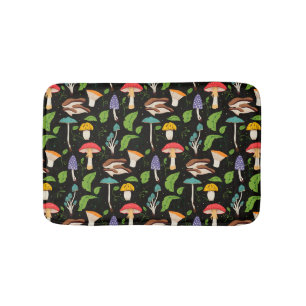 Deep Forest Magic: Colorful Mushrooms on Black Bath Mat