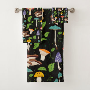 Deep Forest Magic: Colorful Mushrooms on Black Bath Towel Set
