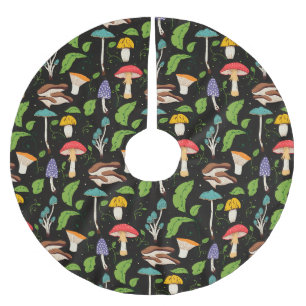 Deep Forest Magic: Colorful Mushrooms on Black Brushed Polyester Tree Skirt