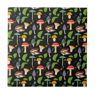 Deep Forest Magic: Colorful Mushrooms on Black Ceramic Tile