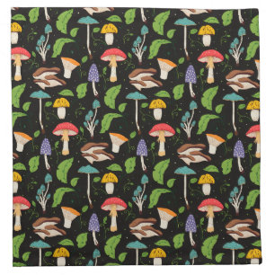Deep Forest Magic: Colorful Mushrooms on Black Cloth Napkin