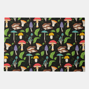 Deep Forest Magic: Colorful Mushrooms on Black Doormat