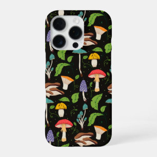 Deep Forest Magic: Colorful Mushrooms on Black iPhone 16 Pro Case