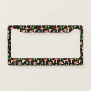 Deep Forest Magic: Colorful Mushrooms on Black License Plate Frame
