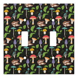 Deep Forest Magic: Colorful Mushrooms on Black Light Switch Cover