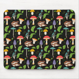 Deep Forest Magic: Colorful Mushrooms on Black Mouse Pad