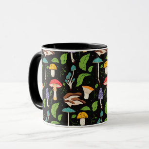 Deep Forest Magic: Colorful Mushrooms on Black Mug