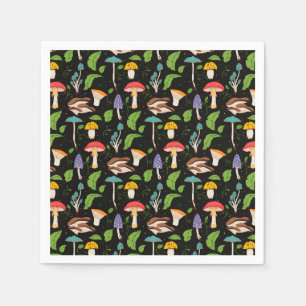 Deep Forest Magic: Colorful Mushrooms on Black Napkins