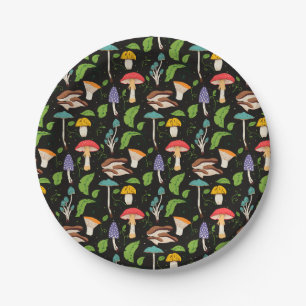 Deep Forest Magic: Colorful Mushrooms on Black Paper Plates