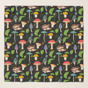 Deep Forest Magic: Colorful Mushrooms on Black Scarf