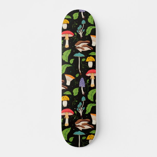 Deep Forest Magic: Colorful Mushrooms on Black Skateboard (Front)