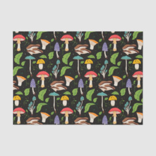 Deep Forest Magic: Colorful Mushrooms on Black Tissue Paper
