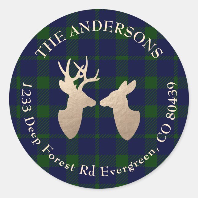 Deep Forest Plaid Golden Deer Address Classic Round Sticker (Front)