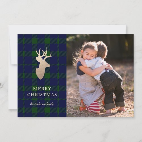 Deep Forest Plaid Golden Deer Christmas Photo Card