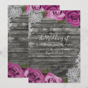 Deep Fuchsia Pink Grey Rustic White Lace Wedding Invitation