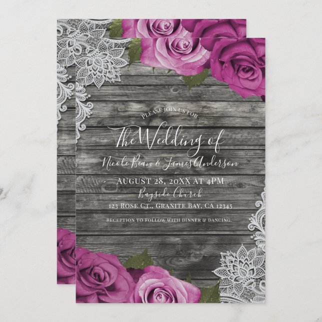 Deep Fuchsia Pink Grey Rustic White Lace Wedding Invitation (Front/Back)