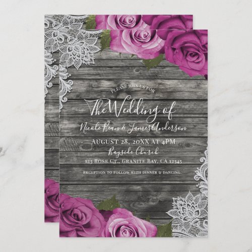 Deep Fuchsia Pink Grey Rustic White Lace Wedding Invitation