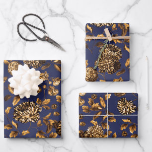 Deep Gold Dahlias Floral Vine On Navy Blue Ombre Wrapping Paper Sheets