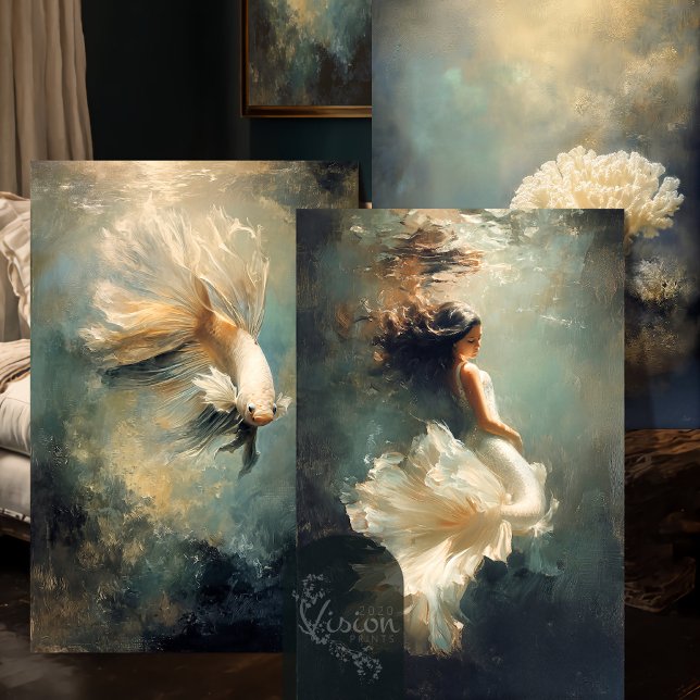 Deep Grace Ethereal Teal Gold Underwater Trio Wrapping Paper Sheets (Three overlapping teal gold art prints leaning against dark bedroom wall)