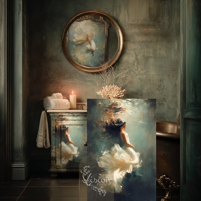 Deep Grace Ethereal Woman Teal Cream Gown Tissue Paper (Large art print leaning against distressed vanity moody bathroom copper clawfoot bath)